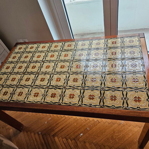 Luxury dining table like new, handmade mahogany with embossed enamel tiles