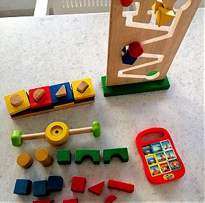 Ξύλινα παιχνίδια+τουβλάκια+ λούτρινο κουκλάκι+ παιχνίδι με αξιοθέατα για παιδιά