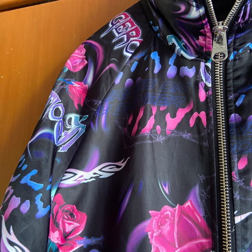 Bershka jacket with designs black, purple, pink like new, M-L