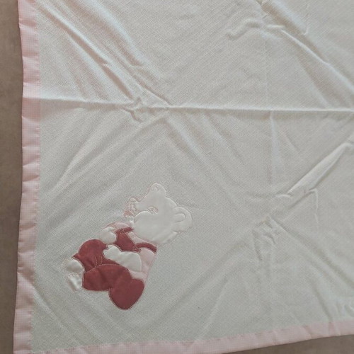 Baby blanket pink new with embroidered piglet and lace