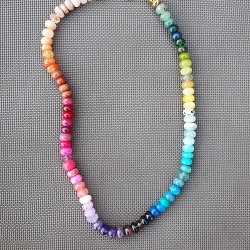 Rainbow Multicolour Semi-Precious Stone Beaded Necklace with Gold Tone Clasp