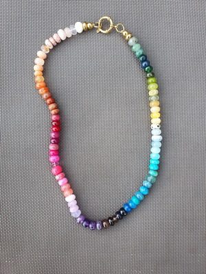 Rainbow Multicolour Semi-Precious Stone Beaded Necklace with Gold Tone Clasp