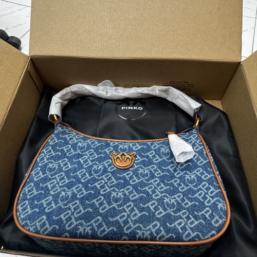 Pinko hobo bag, blue denim with brown leather details