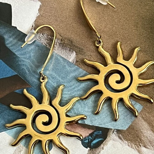 Sun design stainless steel earrings gold tone, new