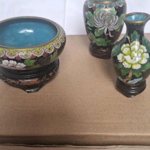 Cloisonné decorative vases used, set of 3 pieces