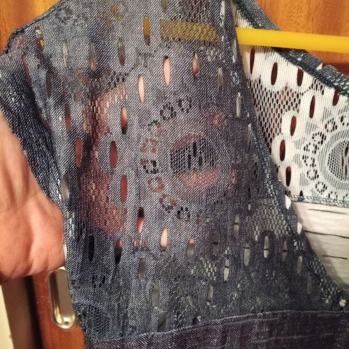 Be You sleeveless top with V-neck lace, like new, blue and gray, M-L