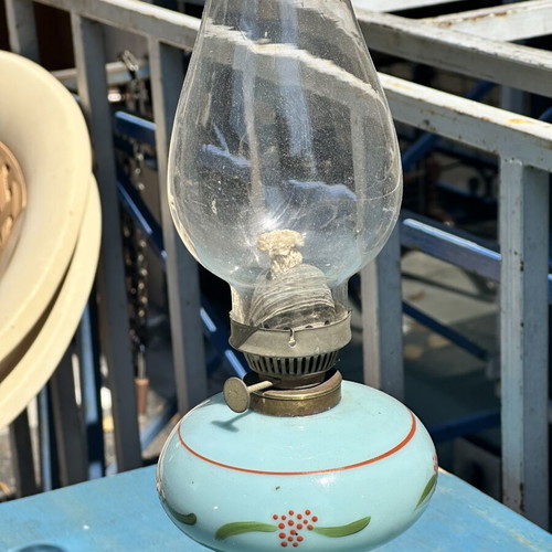 Vintage opaline oil lamp used with hand-painted floral decor 45x11.5 cm
