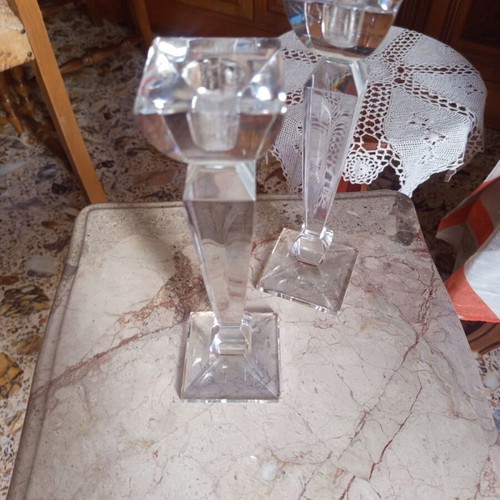 Pair of tall vintage crystal candlesticks