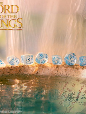 The Lord of the Rings Rivendell Dice Set, crystal-clear with blue engravings