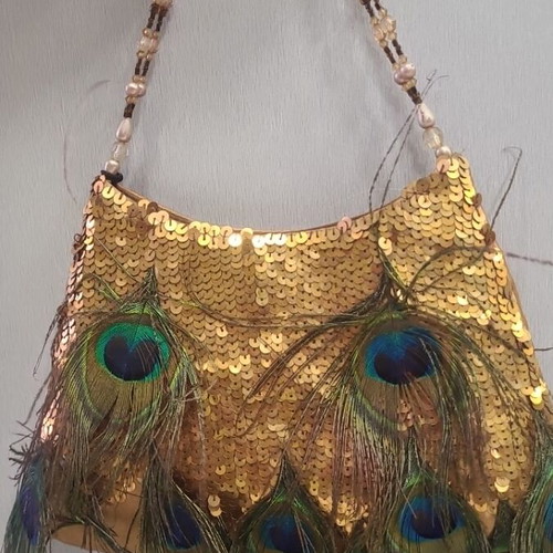 Vintage bronze bag with peacock feathers and sequins new