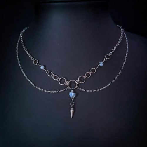 Layered Chain Necklace with moonstone, new, silver