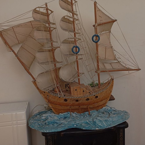 Handmade ship with plaster base and lights used