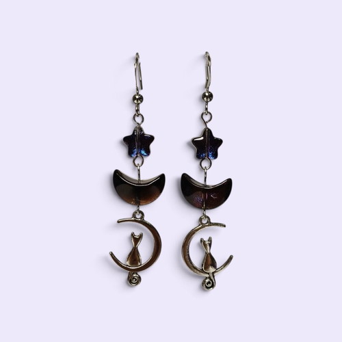 Handmade cat and moon earrings with crystals, stainless steel