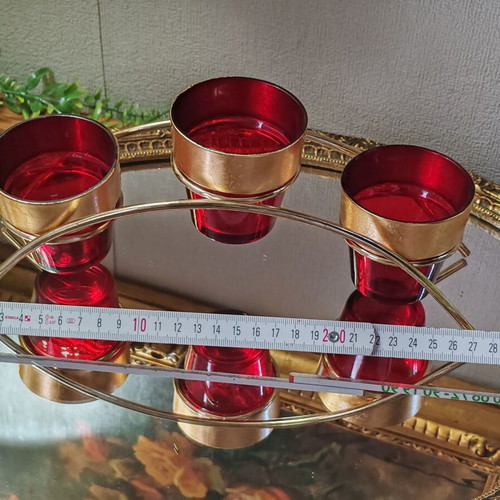 Vintage Carousel candle holder for 3 tealight candles, ruby glass and gold