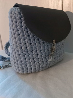 Knitted handmade backpack bag new with leather flap and silver chain detail
