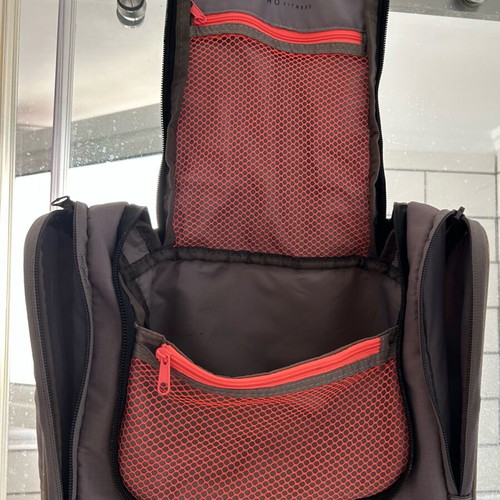 Oysho Fitness toiletry bag used, gray with fluorescent orange pockets