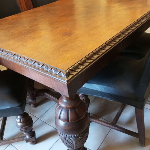 Tudor dining set used, handmade carved walnut with 6 chairs