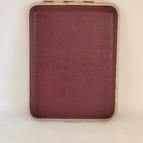 Vintage metal tobacco case with leatherette lining used, bordeaux gold