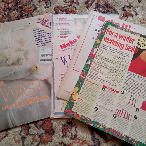 Pullout pages from Me magazine used, wedding theme with dress pattern