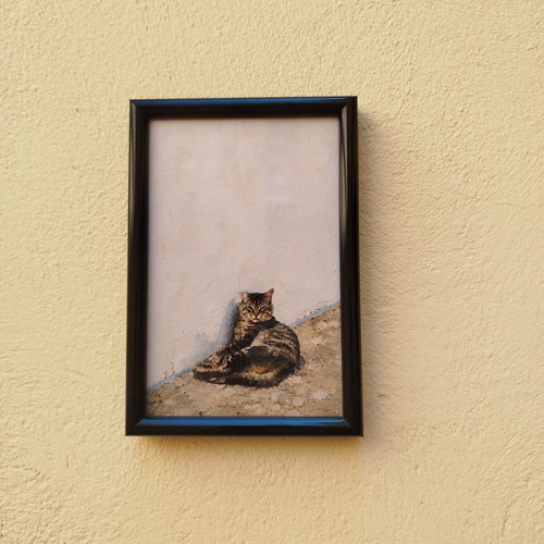Mediterranean print with tabby cat, black frame 10x15