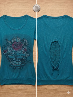 Petrol elastic blouse with rhinestones and open back
