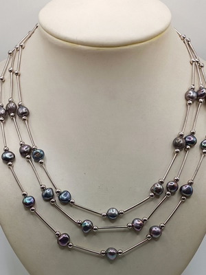 Ασημένιο 925 κολιέ καινούργιο με γκρι μαργαριτάρια πολύσειρο