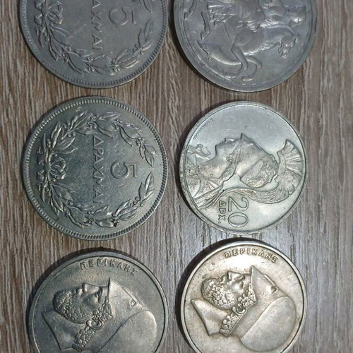 Collection of old Greek drachmas used, 6 coins