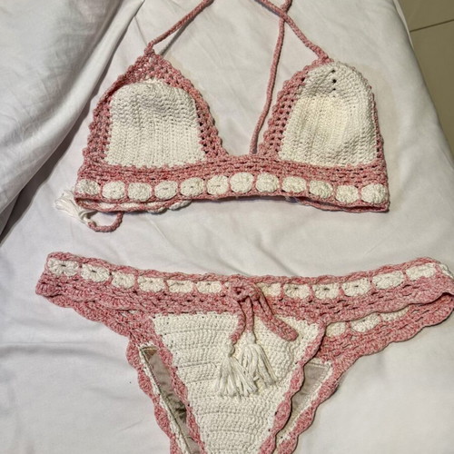 Crochet bikini set Art Love Knitwear size L used, pink and white