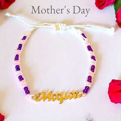 Handmade macrame bracelet "Mama" with cotton thread and lilac beads new