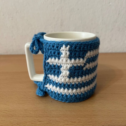 Handmade crochet mug cozy with Greek flag new