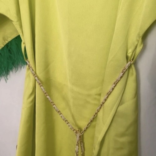 Lime satin short dress new with feathers and chain belt