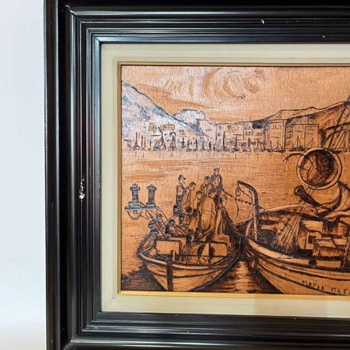 Vintage pyrography wall art with fishermen and artist signature, 45x50