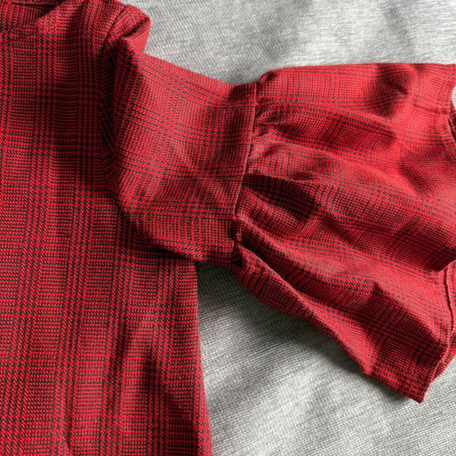 Red blouse with check pattern and dramatic sleeves, like new, size S