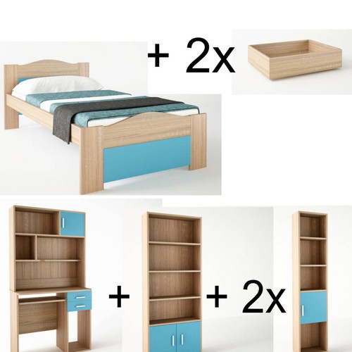 Children's bedroom set with single bed, mattress, desk, and 3 bookshelves