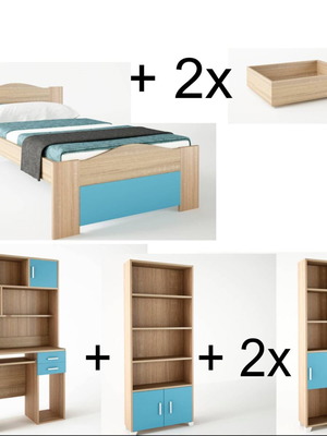 Children's bedroom set with single bed, mattress, desk, and 3 bookshelves