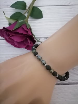 Men's black bracelet with semi-precious stones and hematite bar