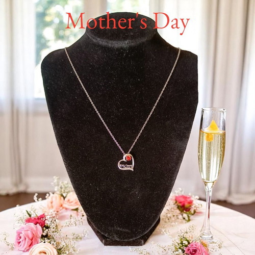Stainless silver heart necklace with zircons and red crystal mom, new