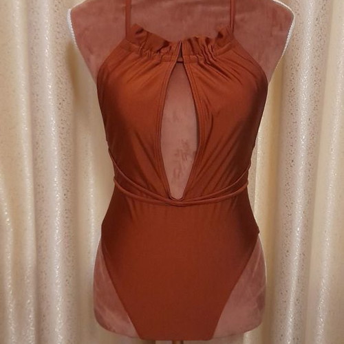 Glossy brown one-piece swimsuit