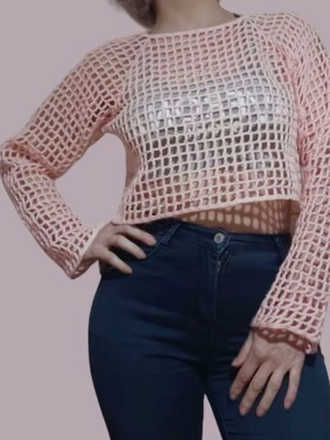 Плетен топ с дълги ръкави като нов, розов, размер M