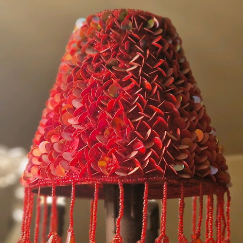 Vintage lampshades pack of 5 with red iridescent sequins and bead fringes used