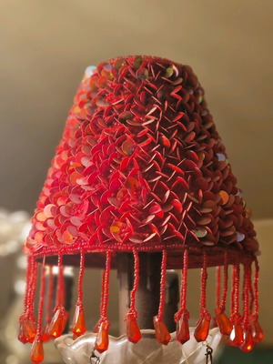 Vintage lampshades pack of 5 with red iridescent sequins and bead fringes used
