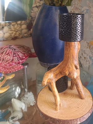 Handcrafted Driftwood Root Candle Holder with Black Metal Cups