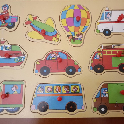 Wooden puzzle with handles used, vehicles and transport, 10 pieces