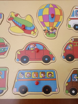 Wooden puzzle with handles used, vehicles and transport, 10 pieces