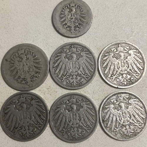 Lot of 7 German coins used from 1875 to 1906