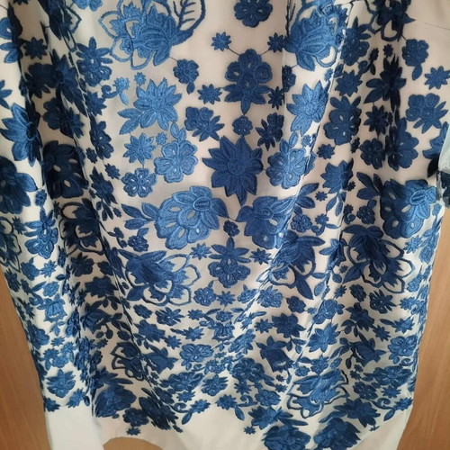 Handmade beige dress with blue embroidery and tulle, size XL