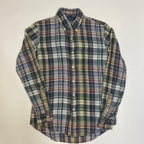 Ralph Lauren Oxford shirt, custom fit, green plaid, dark blue pony, size S