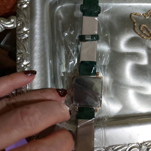 Women's watch new, green with leather strap