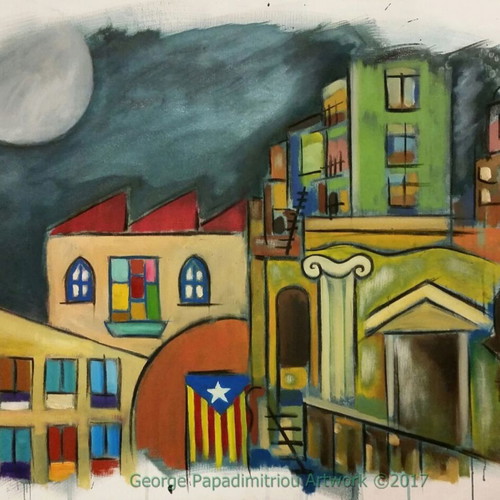 Original painting Vista nocturna de Girona oil on canvas 70x90cm like new