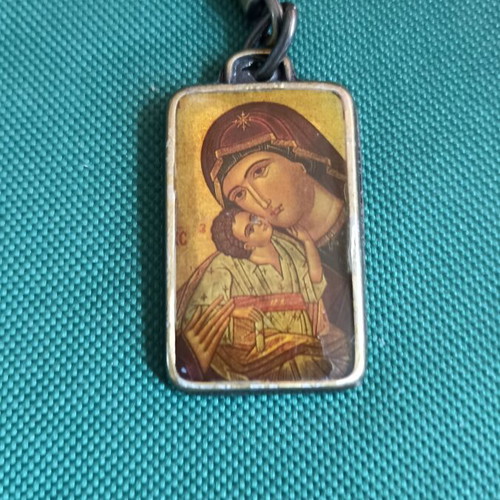 Collectible Double-Sided Religious Metal Keychain Cross & Virgin Mary vintage